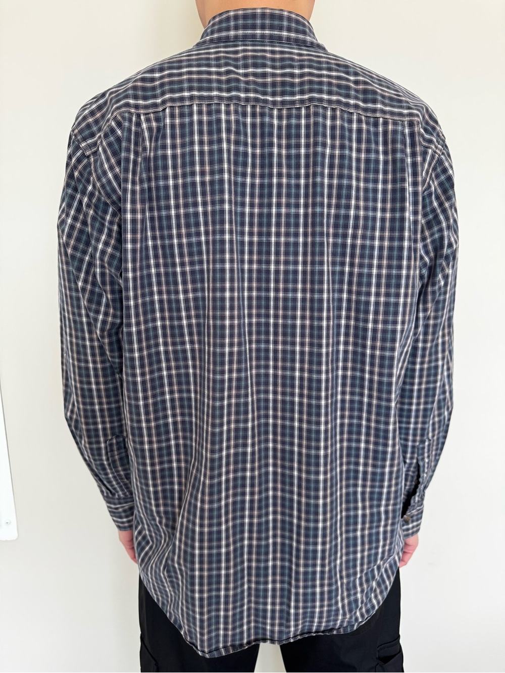 Men's Navy and Gray Plaid Long-Sleeve Dress Shirt